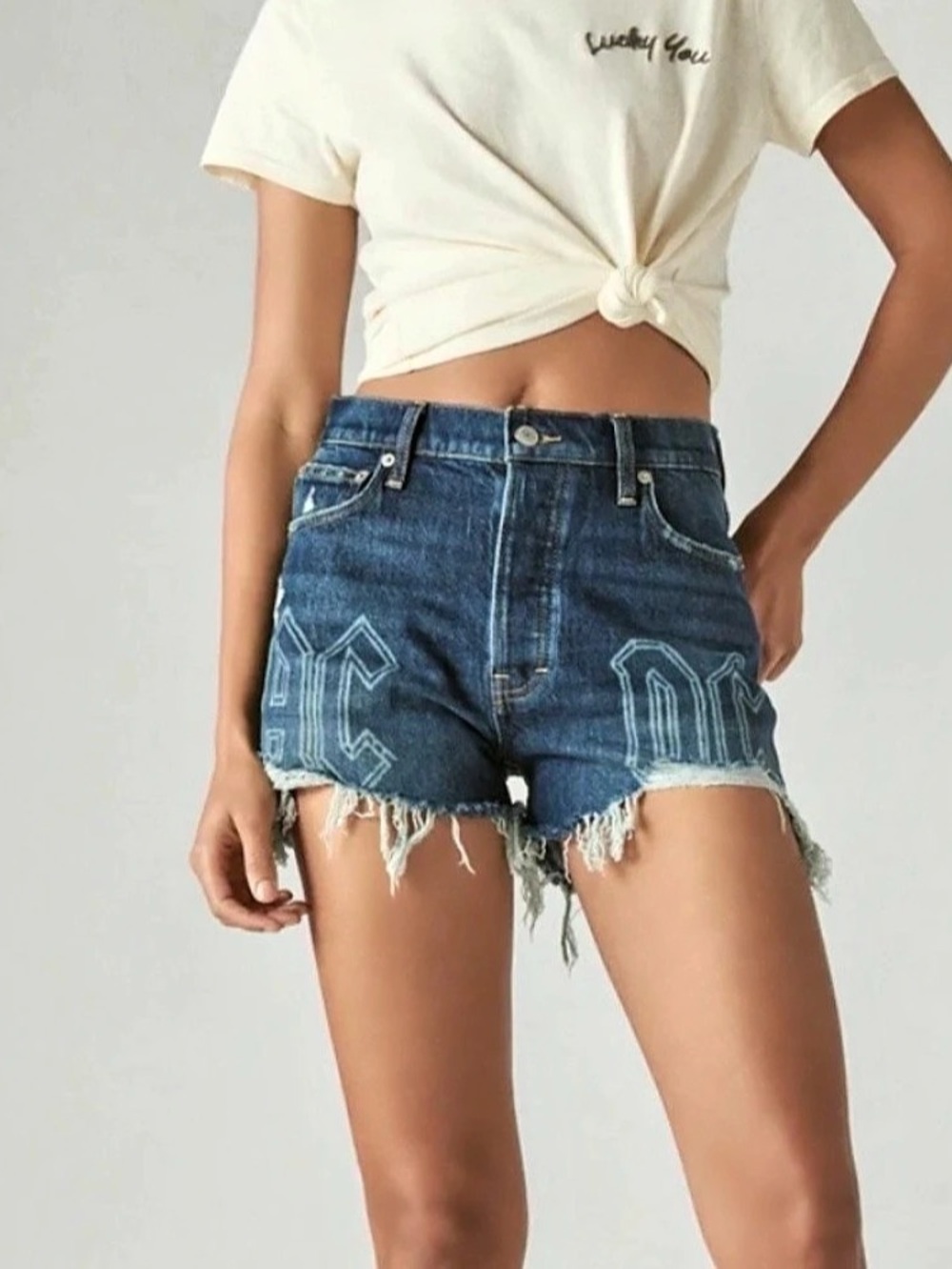 Lucky Legend AC/DC Rock High Rise Mom Shorts 26 2 Frayed Hem Embroidered Logo